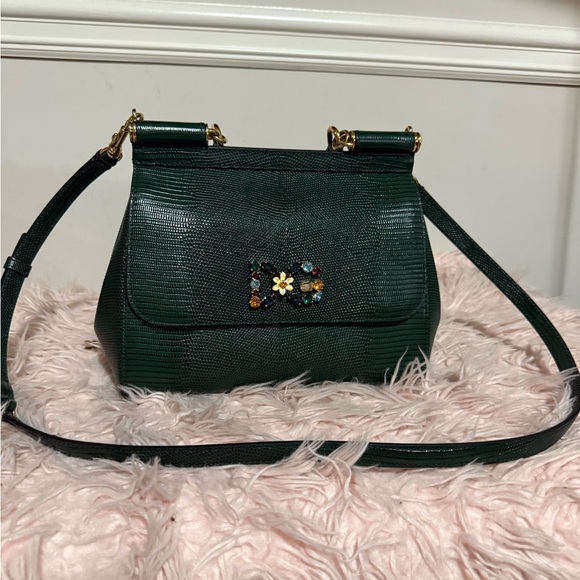 Dolce & Gabbana Glossy Green Lizzard Embossed Leather Handle Bag - Picture 1 of 4